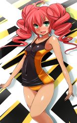 Rule 34 | 1girl, ahoge, bare shoulders, blush, drill hair, green eyes, highres, messy hair, one-piece swimsuit, open mouth, original, red hair, smile, solo, sukesan, swimsuit, tan, twintails