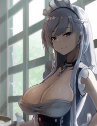 Rule 34 | 1girl, azur lane, belfast (azur lane), blue eyes, blush, braid, breasts, chain, cleavage, closed mouth, collar, french braid, hayabusa (vert 320), large breasts, long hair, looking at viewer, maid, maid headdress, silver hair, smile, solo, upper body