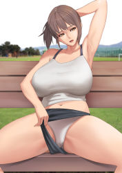 Rule 34 | 1girl, :o, absurdres, arm behind head, armpits, bad id, bad pixiv id, bare shoulders, bench, black shorts, breasts, brown eyes, clothes pull, fle en, grass, highres, large breasts, looking to the side, midriff, navel, open mouth, original, panties, shorts, shorts pull, sidelocks, sitting, soccer field, spread legs, tank top, thick thighs, thighs, underwear, white panties