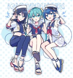 Rule 34 | 3girls, blue eyes, blue footwear, blue hair, blue pants, blue shirt, blush, commentary, dress, funade no mae no one day trip (project sekai), gloves, hair ornament, hairclip, hat, hatsune miku, highres, hoshino ichika (project sekai), invisible chair, kiritani haruka, midriff, more more jump! (project sekai), more more jump! miku, multiple girls, neckerchief, necktie, pants, peaked cap, project sekai, red neckerchief, red necktie, sailor collar, sailor dress, sailor hat, sailor shirt, sandals, shirt, shoes, short hair, sitting, socks, symbol-only commentary, toeless footwear, twintails, vocaloid, waka (wk4444), white gloves, white sailor collar, white socks