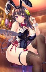 Rule 34 | 1girl, animal ears, ao no kanata no four rhythm, bare arms, bare shoulders, black hair, black hairband, black leotard, blush, bow, bowtie, breasts, brown thighhighs, commentary request, detached collar, emanon123, fake animal ears, hair ornament, hairband, highleg, highleg leotard, highres, holding, holding tray, large breasts, leotard, long hair, looking at viewer, parted lips, playboy bunny, purple eyes, rabbit ears, red bow, red bowtie, sitting, thighhighs, thighs, tobisawa misaki, tray, white wrist cuffs, wrist cuffs