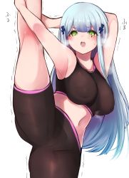 Rule 34 | 10eki (tenchou), 1girl, 416 day, absurdres, armpits, black shorts, black sports bra, blue hair, blunt bangs, blush, breasts, collarbone, covered erect nipples, cowboy shot, facial mark, girls&#039; frontline, green eyes, hair ornament, highres, hk416 (girls&#039; frontline), large breasts, leg lift, leg up, light blue hair, long hair, looking at viewer, midriff, navel, open mouth, shorts, simple background, solo, split, sports bra, standing, standing on one leg, standing split, sweat, teardrop, white background