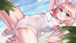 Rule 34 | 1girl, ahoge, animal ears, beach, blue eyes, blush, breasts, eric (tianqijiang), highres, indie virtual youtuber, looking at viewer, low twintails, lying, old school swimsuit, on back, one-piece swimsuit, open mouth, sakurada hane, school swimsuit, small breasts, solo, swimsuit, thighs, twintails, virtual youtuber, water, white one-piece swimsuit