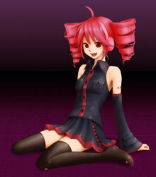 Rule 34 | 1girl, ahoge, bare shoulders, black footwear, black shirt, black skirt, black sleeves, boots, collared shirt, commentary request, detached sleeves, drill hair, kasane teto, kneeling, miniskirt, open mouth, pink headphones, pleated skirt, red eyes, red hair, red trim, shirt, sitting, skirt, sleeveless, sleeveless shirt, smile, solo, tama (tama&#039;s website), thigh boots, twin drills, utau, wariza