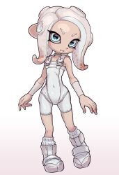 Rule 34 | 1girl, agent 8 (splatoon), blue eyes, bodysuit, boots, brown hair, commentary request, covered navel, eyelashes, full body, gradient hair, grey hair, highres, looking at viewer, medium hair, multicolored hair, nintendo, octoling, octoling girl, octoling player character, open mouth, simple background, sjw kazuya, sleeveless, sleeveless bodysuit, smile, socks, solo, splatoon (series), splatoon 3, splatoon 3: side order, standing, tentacle hair, two-tone hair, white background, white bodysuit, white footwear, white socks