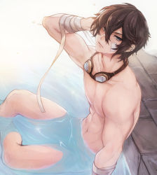 Rule 34 | 1boy, abs, ayer, bandaged wrist, bandages, bandaid, bandaid on face, bathing, bishounen, blue eyes, brown hair, chinese commentary, closed mouth, collarbone, commentary request, completely nude, goggles, goggles around neck, granblue fantasy, highres, looking at viewer, male focus, nagisa no tsuki, navel, nude, partially submerged, short hair, solo, water