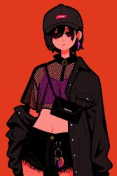 Rule 34 | 1girl, absurdres, black coat, black hair, black shorts, camisole, coat, cowboy shot, earrings, expressionless, fishnet top, fishnets, hat, highres, jewelry, looking at viewer, midriff, miyoshi yoshimi, navel, original, print headwear, purple camisole, red background, red eyes, short hair, shorts, simple background, solo