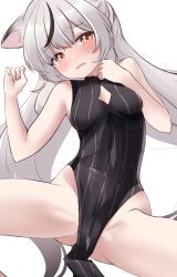 Rule 34 | 1girl, absurdres, animal ear fluff, animal ears, bare legs, bare shoulders, black hair, blue archive, blush, breasts, brown eyes, cocozasa, commentary request, dress, grey hair, highres, kokona (blue archive), long hair, looking at viewer, lying, multicolored hair, on back, open mouth, sidelocks, simple background, small breasts, solo, spread legs, streaked hair, tail, two-tone hair, very long hair, white background, white hair