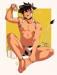 Rule 34 | 1boy, animal ears, animal print, bara, bell, bottle, boxers, bulge, chinese zodiac, clothes lift, collar, cow boy, cow ears, cow horns, cow print, full body, happy new year, horns, male focus, male underwear, milk, milk bottle, muscular, muscular male, navel, neck bell, new year, nipples, original, pectorals, shirt behind neck, shirt lift, short hair, smile, solo, toned, toned male, underwear, underwear only, xelgot, year of the ox