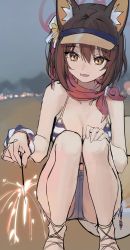 Rule 34 | 1girl, absurdres, animal ear fluff, animal ears, bikini, black hair, blue archive, blue shorts, breasts, brown eyes, brown hat, cleavage, commentary request, feet out of frame, fireworks, fox ears, fox girl, fox tail, hair between eyes, halo, hat, highres, holding, holding fireworks, izuna (blue archive), izuna (swimsuit) (blue archive), knees up, medium breasts, outdoors, sandals, senkou hanabi, short shorts, shorts, solo, sparkler, squatting, striped bikini, striped clothes, swimsuit, syhan, tail, visor cap