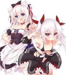 Rule 34 | 2girls, animal ear fluff, animal ears, apron, arm up, azur lane, bad id, bad pixiv id, bare shoulders, belt, bikini, bikini top only, black bikini, black bow, black dress, blue eyes, blush, bow, breasts, cafe pretor, cat ears, closed mouth, collarbone, commentary, detached sleeves, dress, fang, hair between eyes, hair bow, hair ribbon, hammann (azur lane), head tilt, highres, leaning forward, long hair, multiple girls, one side up, puffy short sleeves, puffy sleeves, red eyes, red ribbon, remodel (azur lane), ribbon, short sleeves, sidelocks, silver hair, simple background, small breasts, smile, strapless, strapless dress, swimsuit, thighhighs, twintails, v over eye, vampire (azur lane), very long hair, waist apron, white apron, white background, white belt, white legwear