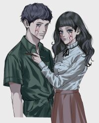Rule 34 | 1boy, 1girl, amikoiiko, black hair, black ribbon, blue eyes, commentary, cowboy shot, fear &amp; hunger, fear &amp; hunger 2: termina, frilled shirt collar, frills, green jumpsuit, highres, holding, holding knife, jumpsuit, knife, levi (fear &amp; hunger), long hair, long sleeves, looking at viewer, marina (fear &amp; hunger), mouth piercing, pink skirt, ribbon, scar, scar on face, simple background, skirt, standing, white background