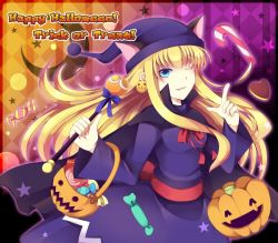 Rule 34 | 1girl, animal ears, argyle, argyle background, argyle clothes, blonde hair, blue eyes, candy, candy cane, cat ears, cookie, crescent, earrings, food, gradient background, halloween, happy halloween, hat, jack-o&#039;-lantern, jewelry, long hair, madou monogatari, one eye closed, orange background, pumpkin, purple background, puyo (puyopuyo), puyopuyo, smile, solo, star (symbol), trick or treat, wand, wink, witch (puyopuyo), wrapped candy, yamikage gumi