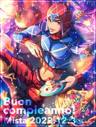 Rule 34 | 1boy, 2022, :d, absurdres, beanie, belt, black eyes, blue sweater, bouquet, cake, character name, dated, flower, food, fork, grin, guido mista, happy birthday, hat, highres, holding, holding fork, holding plate, jojo no kimyou na bouken, looking at viewer, male focus, midriff, navel, open mouth, orange pants, pants, plate, red flower, red rose, rose, sex pistols (stand), smile, solo, stand (jojo), sweater, vento aureo, watawata nr (siroraku)