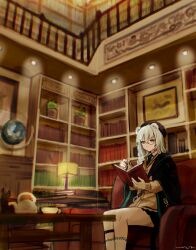 Rule 34 | 1girl, animal ears, arknights, bear ears, beret, black hat, black jacket, blue necktie, book, braid, brown cardigan, cardigan, closed mouth, collared shirt, commentary request, couch, feet out of frame, globe, grey hair, hair over shoulder, hat, highres, holding, holding book, indoors, istina (arknights), jacket, k-yosinori, lamp, library, necktie, on couch, open book, open clothes, open jacket, railing, ribbed legwear, shirt, single braid, socks, solo, white shirt, white socks