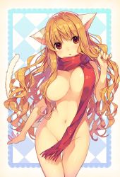 Rule 34 | 1girl, animal ears, bad id, bad pixiv id, blonde hair, blush, breasts, cat ears, cat tail, large breasts, long hair, naked scarf, natsu natsuna, open mouth, original, red scarf, scarf, solo, tail, yellow eyes