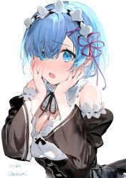 Rule 34 | 1girl, absurdres, bare shoulders, black dress, black ribbon, black sleeves, blue eyes, blue hair, blush, breasts, cleavage, commentary request, dated, detached sleeves, dress, hair ornament, hair over one eye, hair ribbon, hairclip, hands on own face, hands up, highres, juliet sleeves, long sleeves, looking at viewer, medium breasts, neck ribbon, open mouth, puffy sleeves, purple ribbon, re:zero kara hajimeru isekai seikatsu, rem (re:zero), ribbon, short hair, simple background, solo, twitter username, umibouzu (niito), upper body, white background, wide sleeves, x hair ornament