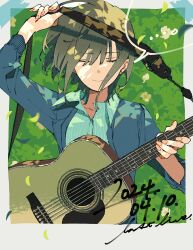 Rule 34 | 1other, absurdres, androgynous, aqua shirt, arm up, blue jacket, border, closed eyes, closed mouth, collared shirt, cropped torso, dark green hair, dated, facing viewer, falling petals, floating hair, green background, grey border, guitar, halftone, halftone texture, highres, holding, holding instrument, instrument, jacket, magotsuki (hurray), open clothes, open jacket, original, petals, shirt, short hair, upper body