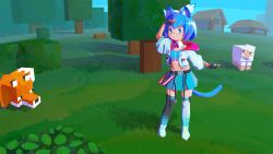 Rule 34 | 1girl, :&lt;, alternate costume, animal ears, antinoya, asymmetrical legwear, black gloves, black socks, blue bra, blue skirt, blue socks, bra, cat ears, cat girl, cat tail, circled 9, cirno, closed mouth, crossover, day, fingerless gloves, fox, fox (minecraft), full body, gloves, grass, highres, house, jacket, looking afar, midriff, minecraft, mismatched legwear, navel, open clothes, open jacket, outdoors, shading eyes, sheep, sheep (minecraft), short hair, skirt, socks, solo, standing, tail, touhou, tree, underwear, white jacket