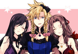 Rule 34 | 1boy, 2girls, aerith gainsborough, arm hug, bad id, bad pixiv id, black hair, blonde hair, braid, breasts, brooch, brown hair, cleavage, closed eyes, cloud strife, crescent, crescent earrings, crossdressing, dress, earrings, final fantasy, final fantasy vii, final fantasy vii remake, jewelry, leaning on person, looking at viewer, multiple girls, naho (pi988y), necklace, necktie, smile, spiked hair, square enix, star (symbol), star necklace, sweatdrop, tifa lockhart, tifa lockhart (refined dress), twin braids, upper body, wall market