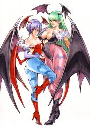 Rule 34 | 2girls, animal print, ass, bare shoulders, bat print, boots, breasts, bridal gauntlets, cleavage, closed mouth, collarbone, commentary request, covered navel, demon girl, demon wings, feather trim, full body, green eyes, green hair, head wings, high heel boots, high heels, highleg, highleg leotard, highres, large breasts, leg up, leotard, lilith aensland, lips, long hair, looking at viewer, low wings, morrigan aensland, multiple girls, pantyhose, parted lips, purple hair, red eyes, rodrigo yoshimiya, short hair, simple background, skin tight, small breasts, smile, vampire (game), white background, wings