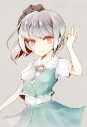 Rule 34 | 1girl, ascot, bow, dress, dress shirt, green dress, grey background, hair bow, highres, konpaku youmu, looking at viewer, nakaikane, open mouth, petticoat, puffy short sleeves, puffy sleeves, red eyes, ribbon, shirt, short hair, short sleeves, silver hair, simple background, skirt, skirt set, smile, solo, touhou, v, vest