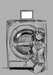 Rule 34 | 1girl, breasts, closed mouth, commentary request, greyscale, highres, kotoyama, long hair, looking at viewer, monochrome, nijisanji, plaid, plaid skirt, school uniform, skirt, solo, tsukino mito, tsukino mito (1st costume), virtual youtuber, washing machine