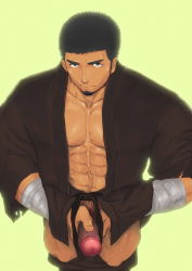 Rule 34 | 1boy, bara, dungeon and fighter, fighter (dungeon and fighter), gloves, hand on penis, highres, kichiku kishi no ero bi-gaku, large penis, looking at viewer, male fighter (dungeon and fighter), male focus, muscular, penis, penis grab, solo, undressing