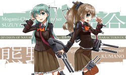 Rule 34 | 10s, 2girls, anti-aircraft, anti-aircraft gun, aqua eyes, aqua hair, ascot, bad id, bad pixiv id, battasarada, brown hair, cannon, flight deck, hair ornament, hairclip, historical name connection, jacket, kantai collection, kumano (cruiser), kumano (kancolle), loafers, long hair, machinery, multiple girls, name connection, open mouth, pleated skirt, ponytail, school uniform, shoes, silhouette, simple background, skirt, smile, striped, striped background, suzuya (cruiser), suzuya (kancolle), thighhighs, turret