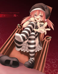 Rule 34 | 1girl, armchair, black &amp; white, black panties, brown eyes, brown hair, chair, christmas, crossed legs, fang, feet, foreshortening, hat, merry christmas, open mouth, original, outstretched arm, panties, patterned legwear, raise (ryo), reaching, red hair, ryo (botugo), shoes, single shoe, sitting, soles, solo, striped clothes, striped thighhighs, thighhighs, twintails, two-tone stripes, underwear, zettai ryouiki