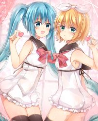 Rule 34 | 2girls, :d, armpits, ass, bad id, bad pixiv id, bare arms, bare shoulders, black footwear, black legwear, black sailor collar, blonde hair, blue eyes, blue hair, blush, bow, bowtie, braid, closed mouth, cowboy shot, dated, dress, frilled dress, frills, green eyes, hair ornament, hair ribbon, hairband, hairclip, hand up, hatsune miku, heart, holding, indoors, kagamine rin, long hair, looking at viewer, looking back, multiple girls, open mouth, red bow, red neckwear, ribbon, sailor collar, shikino (sikinonono), short dress, short hair, slit pupils, smile, standing, tareme, thighhighs, thighs, twintails, very long hair, vocaloid, white hairband, white ribbon, window, zettai ryouiki