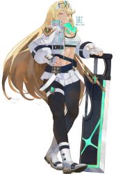 Rule 34 | 1girl, alternate costume, blonde hair, breasts, chest jewel, cleavage, highres, large breasts, long hair, mythra (massive melee) (xenoblade), mythra (xenoblade), pantyhose, simple background, solo, sou (pale 1080), swept bangs, sword, tiara, very long hair, weapon, white background, xenoblade chronicles (series), xenoblade chronicles 2, yellow eyes