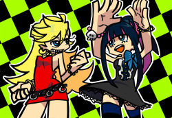 Rule 34 | 10s, belt, black dress, blonde hair, blue eyes, bracelet, dress, earrings, jewelry, multicolored hair, necklace, open mouth, panty &amp; stocking with garterbelt, panty (psg), red dress, ribbon, smile, stocking (psg), tagme, thighhighs