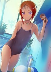 Rule 34 | 1girl, bird, blue one-piece swimsuit, character doll, collarbone, commentary request, commission, competition school swimsuit, cowboy shot, elpeo puru, flat chest, gundam, gundam zz, highres, judau ashta, looking at viewer, one-piece swimsuit, orange hair, penguin, plant, poolside, potted plant, purple eyes, school swimsuit, short hair, skeb commission, smile, sody, solo, swimsuit, window