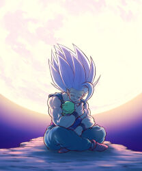 Rule 34 | 2boys, antennae, biceps, black wristband, blush, boots, brown footwear, character request, check character, child, closed eyes, closed mouth, colored skin, commentary request, crying, dougi, dragon ball, dragon ball super, dragon ball super super hero, gohan beast, green skin, highres, hug, koukyouji, male focus, multiple boys, muscular, muscular male, namekian, piccolo, pointy ears, red sash, sash, sitting, smile, son gohan, spiked hair, tears, white hair, wristband
