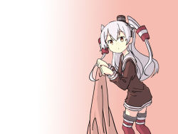 Rule 34 | 1girl, amatsukaze (kancolle), bed sheet, brown dress, commentary, dress, english commentary, garter straps, gradient background, hair tubes, hat, kantai collection, long hair, looking at viewer, mini hat, one-hour drawing challenge, red background, red thighhighs, sailor dress, short dress, silver hair, sixten, smokestack hair ornament, solo, standing, striped clothes, striped thighhighs, thighhighs, two side up