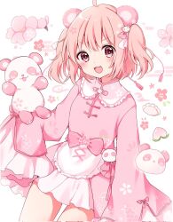 Rule 34 | 1girl, :3, animal ears, bear ears, bear girl, blush, bow, cherry blossoms, chinese clothes, commission, dress, dumpling, fang, floral print, food, fruit, hair bow, hair ornament, highres, holding, holding stuffed toy, kokoshira 0510, long sleeves, looking at viewer, open mouth, original, panda hair ornament, peach, pink eyes, pink hair, short dress, short hair, skeb commission, sleeves past fingers, sleeves past wrists, smile, solo, stuffed animal, stuffed panda, stuffed toy, tassel, tassel hair ornament, thigh gap, two side up, v-shaped eyebrows
