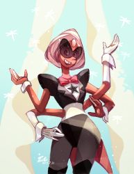 Rule 34 | 1girl, bow, bowtie, colored skin, cowboy shot, dated, extra arms, extra eyes, fusion, gem, gloves, leotard, open mouth, pantyhose, pink eyes, pink hair, red skin, sardonyx (steven universe), shan (sunny18s), short hair, simple background, smile, solo, sparkle, star (symbol), steven universe, sunglasses, tailcoat, tooth gap, twisted torso