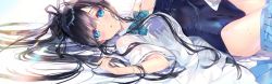 Rule 34 | 1girl, aqua skirt, black ribbon, blouse, blue eyes, blue one-piece swimsuit, blush, bow, breasts, character request, cleavage, commentary request, cowboy shot, dakimakura (medium), hair ribbon, large breasts, long hair, looking at viewer, mimizuku auru, one-piece swimsuit, open mouth, plaid, plaid bow, pleated skirt, ponytail, ribbon, school swimsuit, school uniform, see-through, see-through shirt, shirt, short sleeves, sizukano, skirt, solo, swimsuit, wet, wet clothes, white shirt