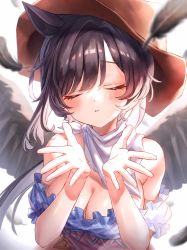Rule 34 | 1girl, animal ears, backlighting, bandana, bare shoulders, black hair, black wings, bloom, blue shirt, blurry, blurry background, blush, breasts, brown hat, cleavage, closed eyes, commentary request, cowboy hat, depth of field, falling feathers, feathered wings, feathers, hair intakes, hands up, hat, highres, horse ears, kurokoma saki, large breasts, long hair, off-shoulder shirt, off shoulder, parted lips, pegasus wings, ponytail, raised eyebrows, shirt, simple background, solo, touhou, umapyoi densetsu, waramori fuzuka, white background, wings