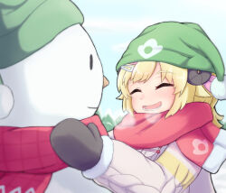 Rule 34 | 1girl, animal ears, aran sweater, black mittens, blonde hair, blush, breath, cable knit, closed eyes, commentary request, green hat, hair ornament, hairclip, hat, hololive, horns, mittens, official alternate costume, open mouth, red scarf, santa hat, scarf, sheep ears, sheep girl, sheep horns, snow, snowman, solo, sweater, tsunomaki watame, tsunomaki watame (street casual), virtual youtuber, white sweater, winter clothes, yokoshima020