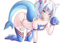 Rule 34 | 1girl, all fours, alternate costume, animal ears, animal hands, blue eyes, blue gloves, blue hair, blue thighhighs, cat cutout, cat ears, cat lingerie, closed mouth, clothing cutout, commentary, cube hair ornament, english commentary, fins, fish tail, flat chest, gawr gura, gloves, hair ornament, hololive, hololive english, hot vr, looking at viewer, meme attire, multicolored hair, patreon username, paw gloves, paw pose, shark girl, shark tail, sidelocks, simple background, smile, solo, streaked hair, tail, thighhighs, virtual youtuber, white background, white hair