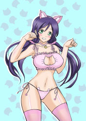 Rule 34 | 10s, 1girl, animal ears, armpits, bell, blush, bra, breasts, cat cutout, cat ear panties, cat ears, cat lingerie, choker, cleavage, cleavage cutout, clothing cutout, collarbone, cowboy shot, fake animal ears, frilled bra, frills, gluteal fold, green eyes, grin, groin, hair between eyes, hairband, highres, jingle bell, large breasts, long hair, looking at viewer, love live!, love live! school idol project, low twintails, meme attire, navel, neck bell, nyantamaran, panties, paw pose, pink bra, pink panties, pink thighhighs, purple hair, side-tie panties, smile, solo, stomach, thighhighs, tojo nozomi, twintails, underwear, underwear only