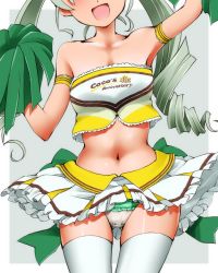Rule 34 | 1girl, :d, alternate costume, anchovy (girls und panzer), arm up, armband, armpits, bare shoulders, breasts, cheerleader, clothes writing, collarbone, commentary request, crop top, crotch seam, dr rex, drill hair, english text, facing viewer, frilled panties, frilled skirt, frills, girls und panzer, gluteal fold, green hair, grey background, head out of frame, holding, holding pom poms, long hair, midriff, miniskirt, navel, open mouth, panties, pantyshot, partial commentary, pleated skirt, pom pom (cheerleading), pom poms, ringlets, shirt, single horizontal stripe, skirt, small breasts, smile, solo, standing, strapless, thighhighs, tube top, twin drills, twintails, two-tone background, underwear, white background, white panties, white skirt, white thighhighs, yellow shirt