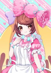 Rule 34 | 1girl, animal ears, apron, blue background, bow, brown eyes, brown hair, candy lapin (show by rock!!), closed mouth, dress, highres, looking at viewer, lop rabbit ears, mel6969, pink background, pink bow, pink dress, puffy short sleeves, puffy sleeves, rabbit ears, rabbit girl, short hair, short sleeves, show by rock!!, smile, solo, striped, striped background