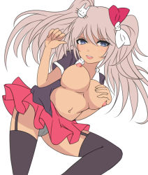 Rule 34 | 10s, 1girl, artist request, black thighhighs, blue eyes, bow, breast hold, breast suppress, breasts, cat hair ornament, danganronpa: trigger happy havoc, danganronpa (series), enoshima junko, female focus, garter straps, grey hair, grey panties, hair between eyes, hair bow, hair ornament, legs, long hair, looking at viewer, miniskirt, navel, nipples, no bra, open clothes, open mouth, open shirt, panties, pantyshot, shadow, shirt, short sleeves, simple background, skirt, solo, standing, thighhighs, twintails, underwear, upskirt, white background