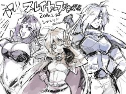 Rule 34 | 1boy, 2girls, armor, belt, black headband, blue hair, breastplate, breasts, copyright name, dated, gami game01, gourry gabriev, hair between eyes, headband, large breasts, laughing, lina inverse, multiple girls, muted color, naga the serpent, ojou-sama pose, one eye closed, one eye covered, open mouth, orange eyes, orange hair, pants, purple eyes, purple hair, shoulder armor, sketch, slayers, small breasts, smile, v, v-shaped eyebrows
