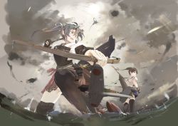 Rule 34 | 10s, 2girls, aircraft, airplane, battle, blockhead bh, boots, bow, bow (weapon), cloud, cloudy sky, gloves, kaga (kancolle), kantai collection, multiple girls, personification, side ponytail, sky, thigh boots, thighhighs, twintails, weapon, zuikaku (kancolle)