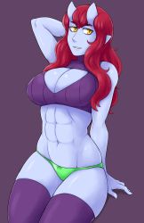 Rule 34 | 1girl, abs, aoi (ittla), arm behind head, arm support, bare shoulders, black thighhighs, blue skin, bow, bow panties, breasts, cleavage, cleavage cutout, clothing cutout, colored skin, crop top, green panties, highres, horns, ittla, large breasts, long hair, looking at viewer, meme attire, monster girl, oni, open-chest sweater, original, panties, parted lips, pointy ears, red hair, sitting, slit pupils, smile, solo, sweater, teeth, thighhighs, turtleneck, turtleneck sweater, underwear, wavy hair, yellow eyes