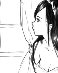 Rule 34 | 00s, 1girl, bare shoulders, black hair, breasts, cleavage, crown, curtains, dress, face, final fantasy, final fantasy ix, garnet til alexandros xvii, greyscale, long hair, monochrome, nyanyacchi, official alternate costume, small breasts, solo, square enix, strapless, strapless dress